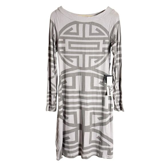 Fortune Gray Bateau Neck Long Sleeve Geometric Oriental Print Shift Dress Size L - Picture 1 of 9